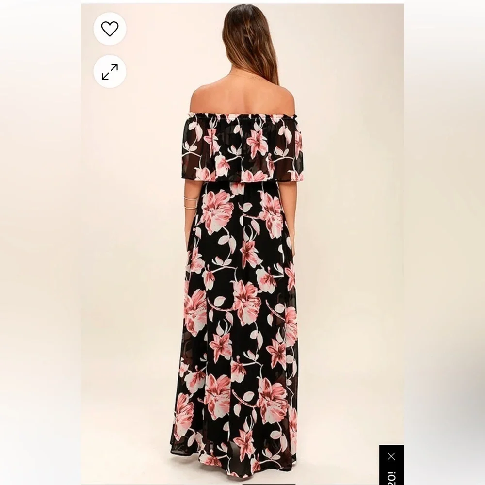 Lulus Infinite Love‎ Black Floral Print Off-the-Shoulder Maxi Dress Sz Small